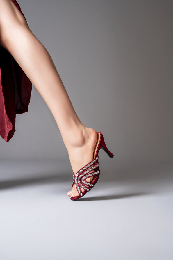 Diva open toe Tango inspired sandals in maroon satin silk on Rayseen Store