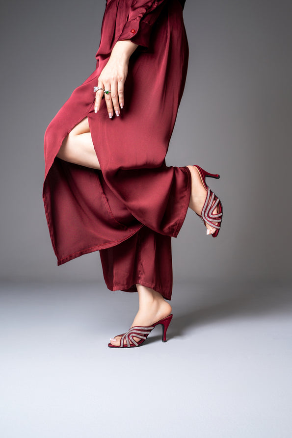 Image of maroon satin silk Diva Sandals designed for a sparkling appearance on Rayseen Store.