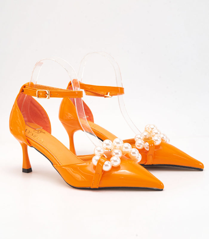 Sleek and cheerful orange slingback heels 'Pearly' with pearl decorations by Rayseen