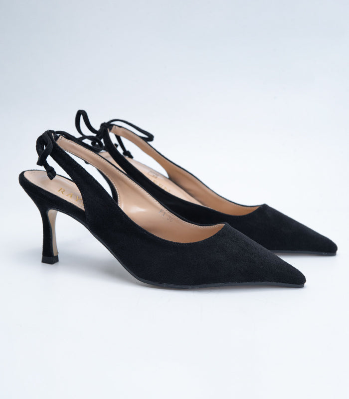 SOPHIE - Black sleek sling back heels with a cheeky bow and added comfort of cushioned insoles by Rayseen