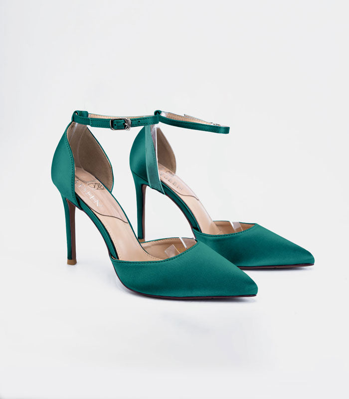 Fashionable Bridesmaid - Green satin silk pumps with ankle strap and pointed toe for ladies