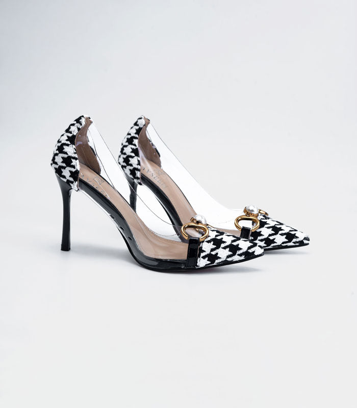 Fashionable Houndstooth - Black stiletto heels, a statement-making choice for ladies seeking an elite look
