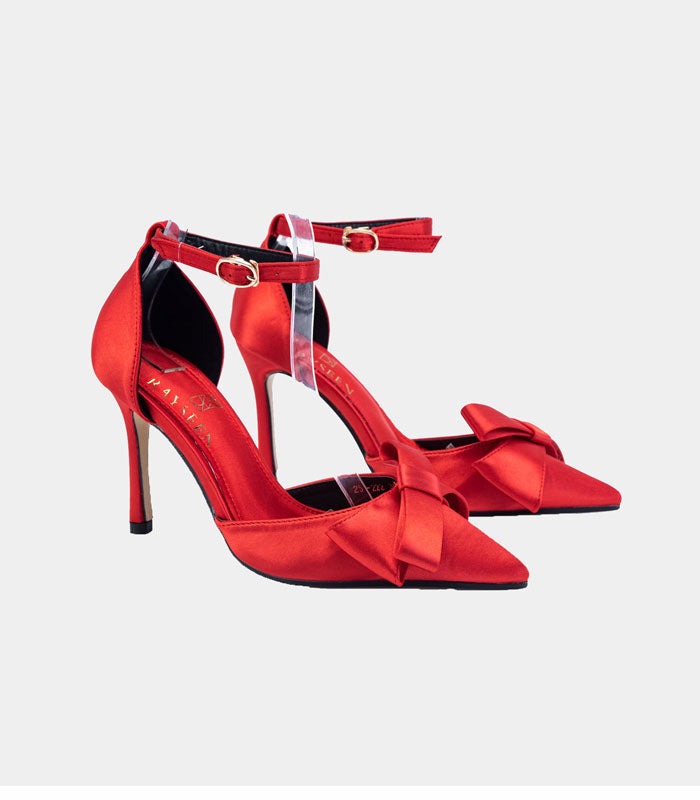Rayseen's Valentine - Red burning hot satin silk pointy pump with stiletto heel and bow ankle strap