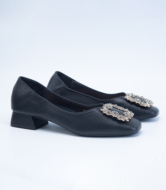 Slip-on style Black ballerina shoes 'Sassy' with square toe and diamond embellishment by Rayseen