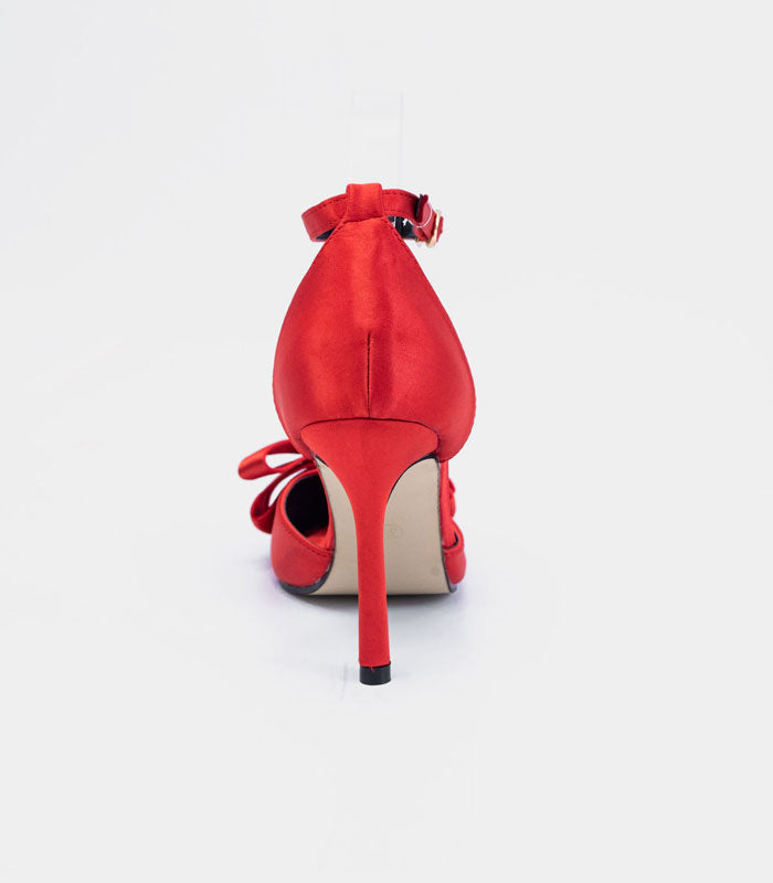 Stylish red satin silk pointy pump 'Valentine' with stiletto heel and bow ankle strap by Rayseen