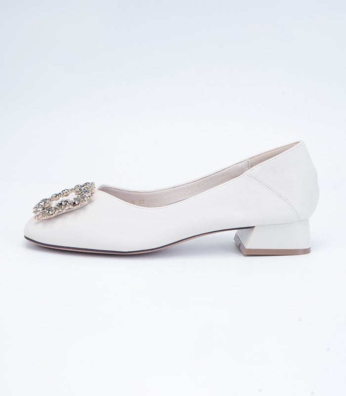 Chic Off White leather ballerina shoes 'Sassy' with slip-on style, square toe, and diamond embellishment by Rayseen