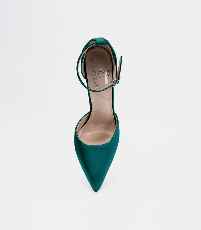 Close-up of Bridesmaid - Green satin silk pumps with ankle strap and detailed pointed toe