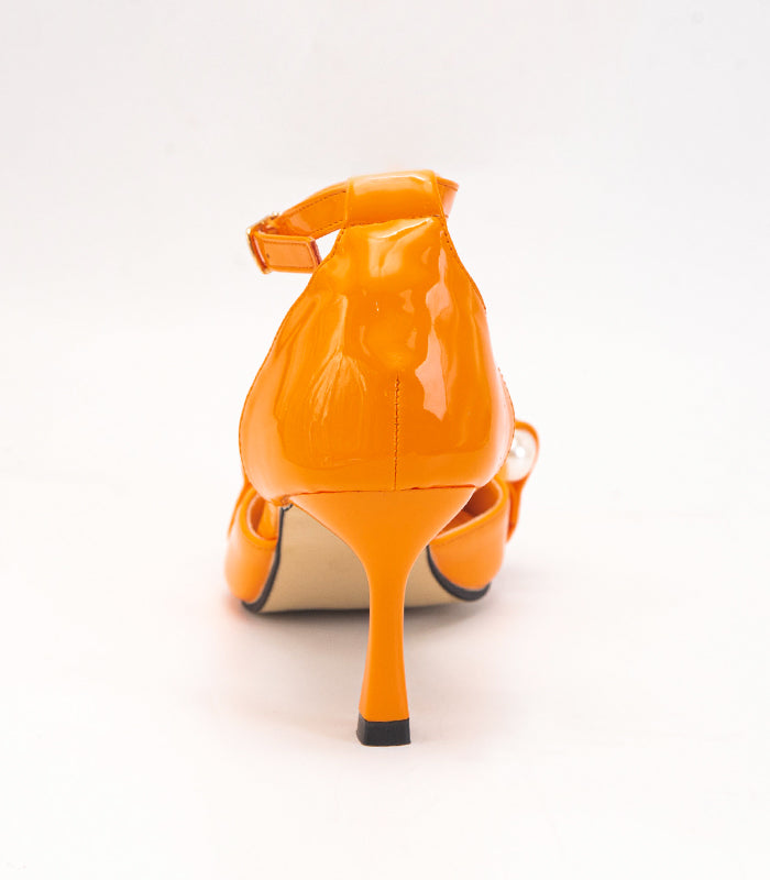 Stylish Pearly - Orange women's heels with a sleek heel and pearl details by Rayseen