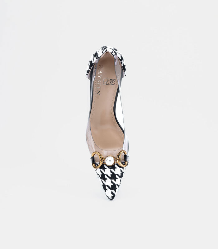 Close-up of Houndstooth - Black stiletto heels showcasing the pointed toe and elite Houndstooth pattern