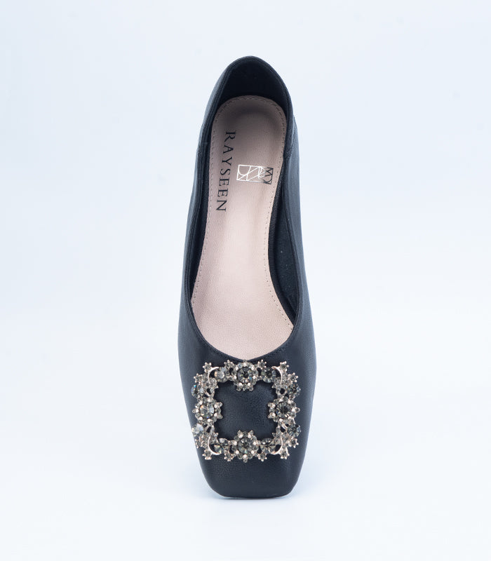 Diamond-embellished Sassy - Black ballerina shoes with slip-on style and square toe by Rayseen
