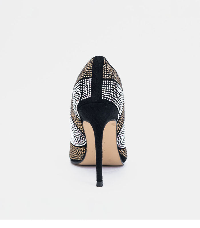 Back Side view of Dazzle - Black high heel pumps with a stunning design and shimmering crystals