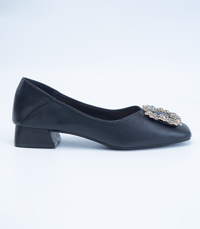 Chic Black leather ballerina shoes 'Sassy' with slip-on style, square toe, and diamond embellishment by Rayseen