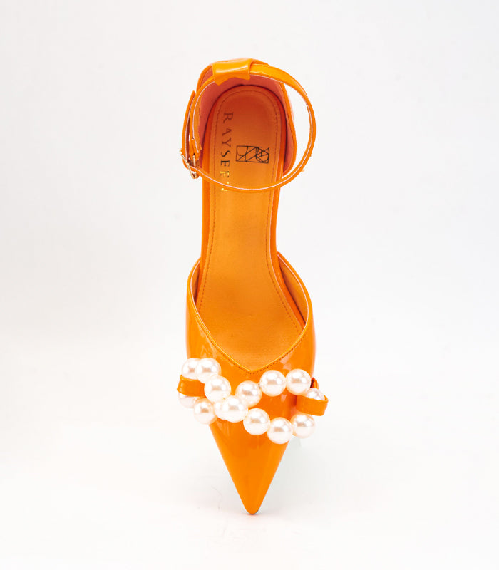 Fashionable orange slingback heels 'Pearly' adorned with pearl decorations by Rayseen