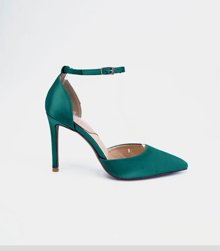 Side view of Bridesmaid - Green satin silk pumps with elegant ankle strap and stiletto heel