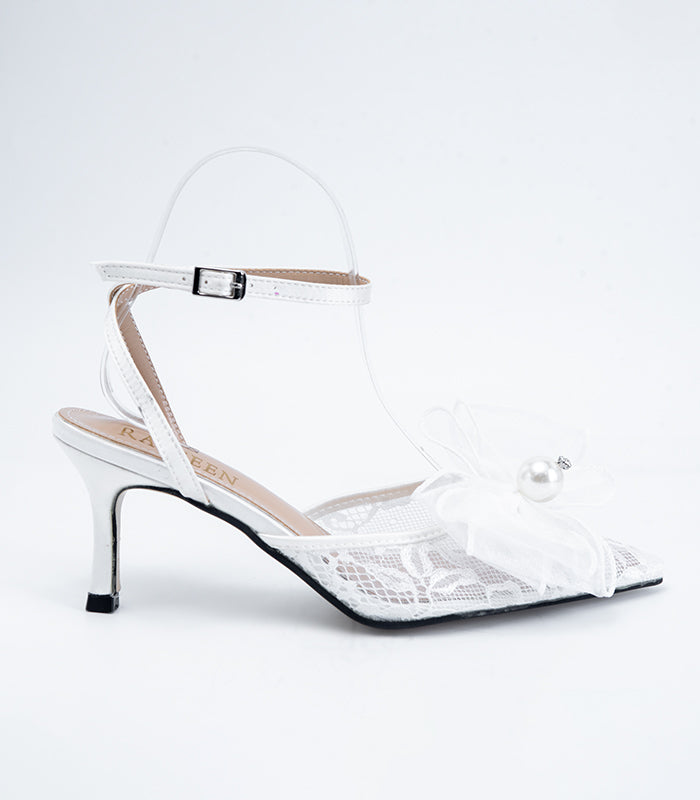 Side view of Lacey - White lace sling-back heel, inspired by a Disney princess shoe