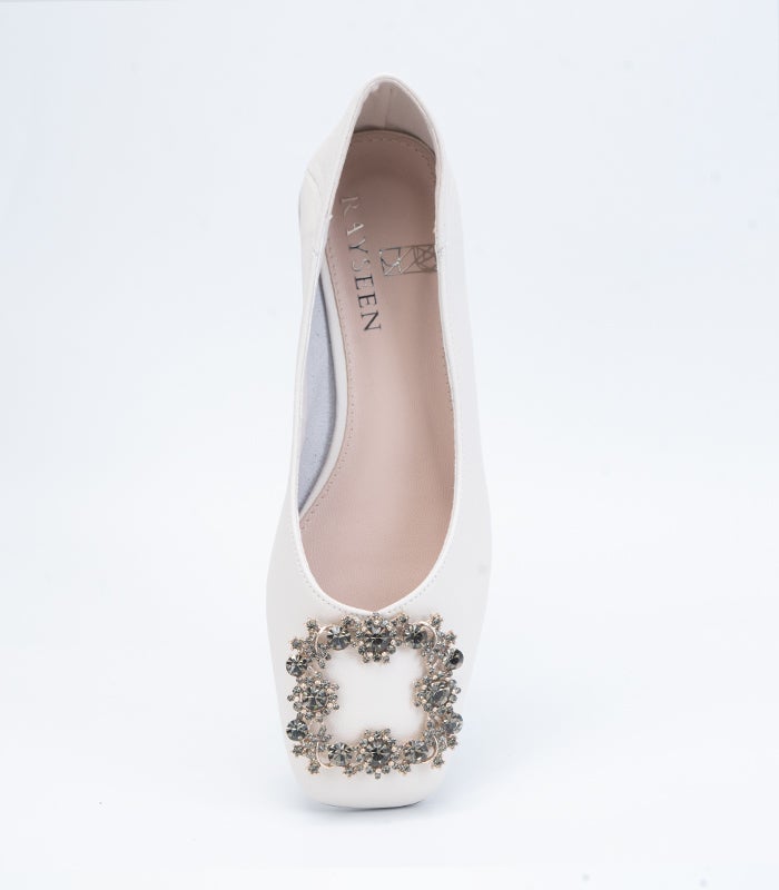 Elegant Sassy - Off White ballerina shoes, perfect for everyday wear with slip-on style and diamond embellishment by Rayseen