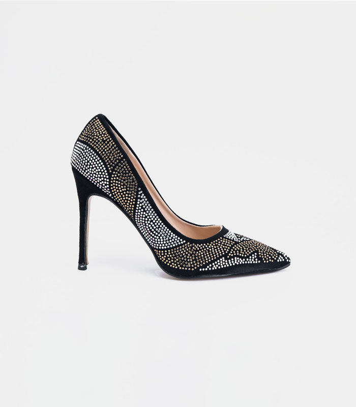 Side view of Dazzle - Black high heel pumps with a stunning design and shimmering crystals