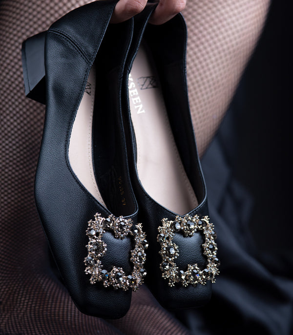 Sassy - Black leather ballerina shoes with slip-on style, square toe, and diamond embellishment by Rayseen