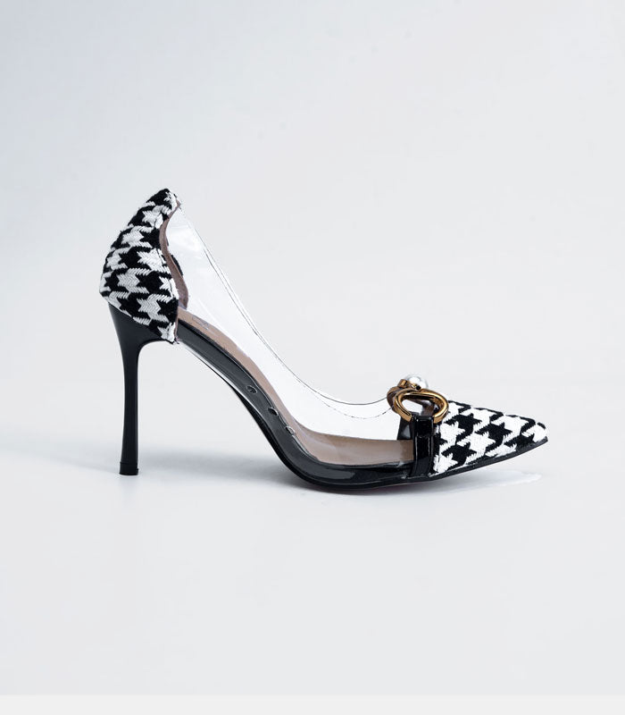 Side view of Houndstooth - Black stiletto heels, a perfect addition to your elite shoe collection