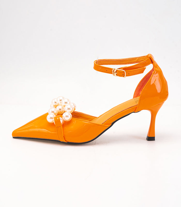 Rayseen's Pearly - Orange slingback heels with a cheerful vibe and pearl accents