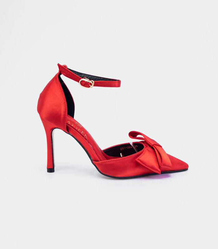 Striking Valentine - Red satin silk pointy pump with stiletto heel, bow ankle strap, and killer style by Rayseen