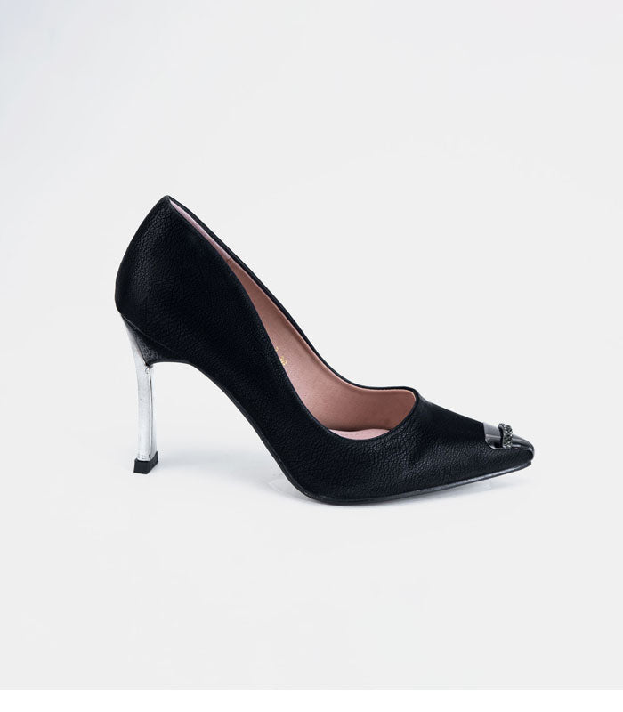Statement-making One Stud - Black faux leather pumps for women by Rayseen