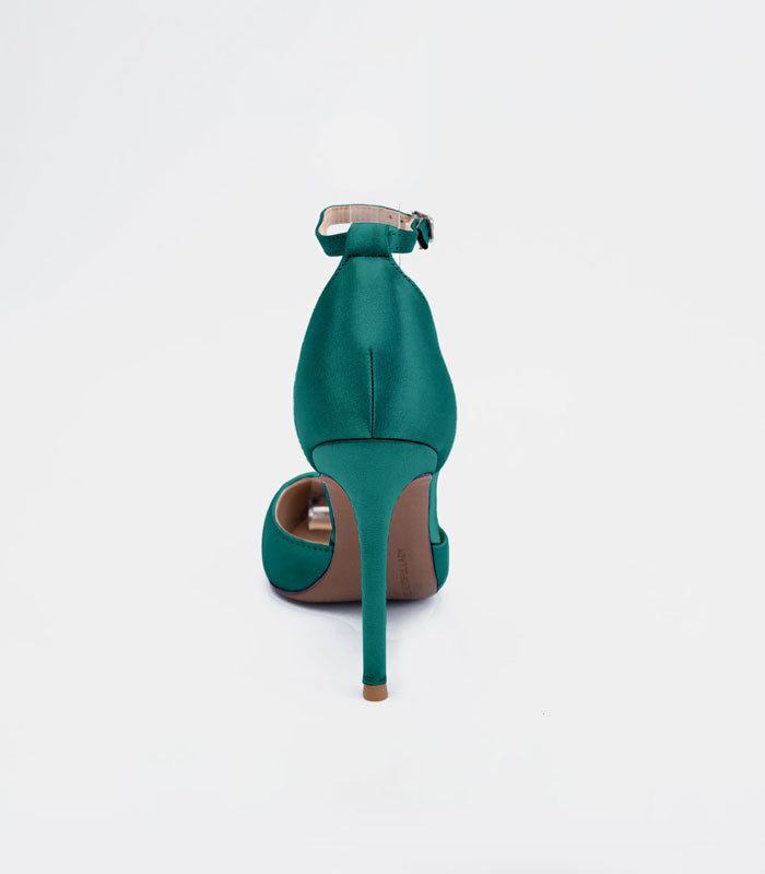 Back side view of Bridesmaid - Green satin silk pumps with elegant ankle strap and stiletto heel