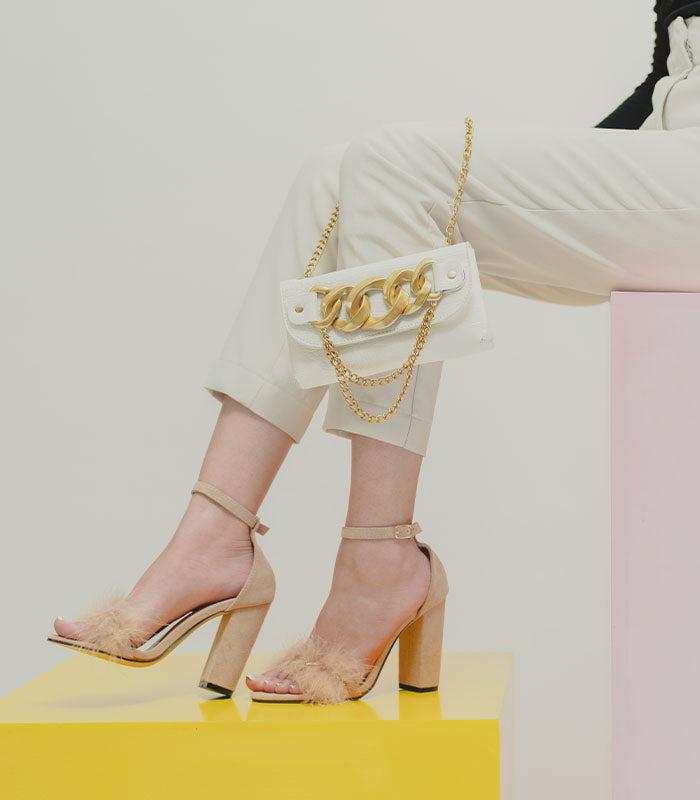 Side view of Fluffy - Beige block heel shoes, a statement piece for every outfit