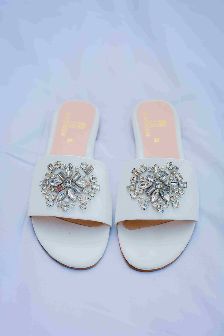 Stylish ladies' Diane - White shoes with handcrafted perfection and crystal brooch detail from Rayseen.store