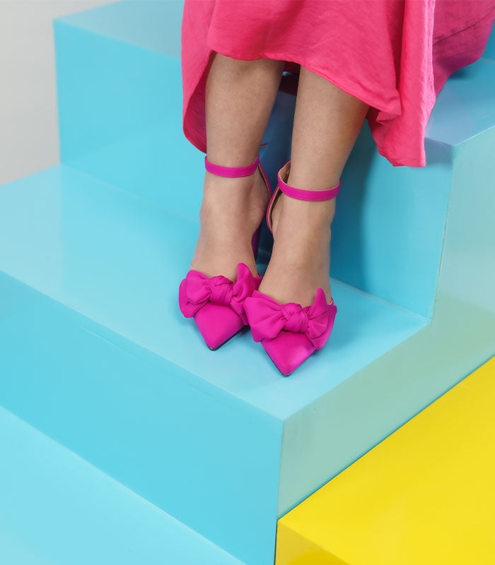 Pretty Pink - Rose block heel pointed pumps with a delicate tulle bow by Rayseen